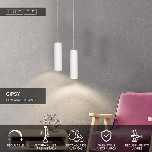 Lucide GIPSY - Lámpara colgante - Ø 7 cm - 1xGU10 - Blanco - USP